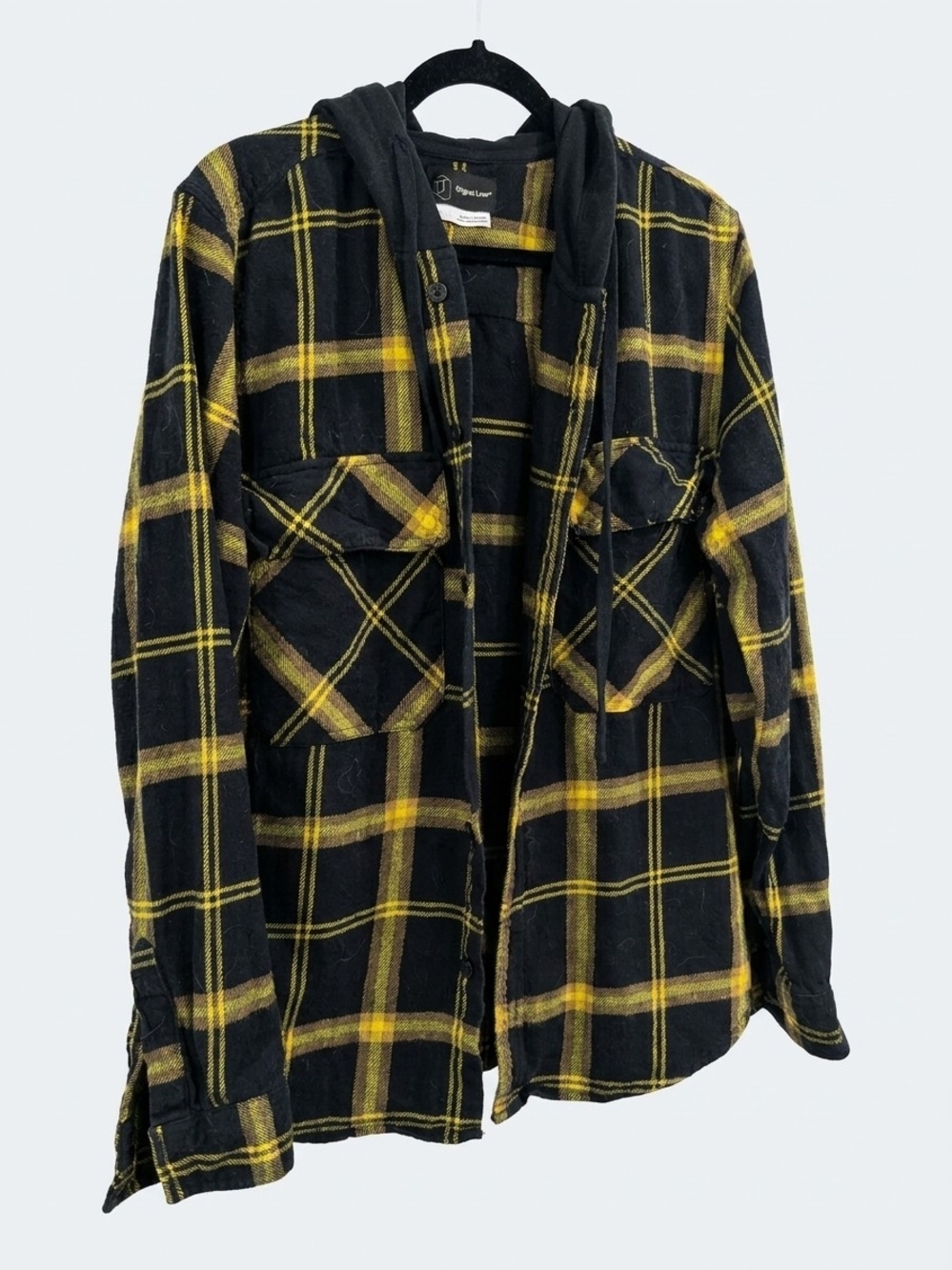 Original Use Black and Yellow Plaid Hooded Button-Down Shirt